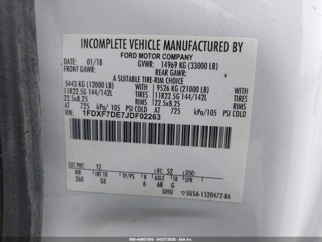 Продаж на аукціоні авто 2018 Ford F-750 Diesel, vin: 1FDXF7DE7JDF02263, номер лоту: 44967555