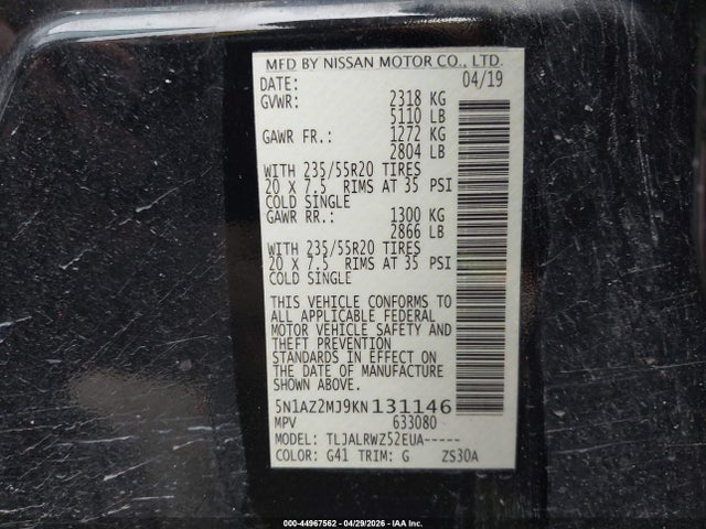 Aukcja sprzedaży 2019 Nissan Murano Sl, vin: 5N1AZ2MJ9KN131146, numer aukcji: 44967562