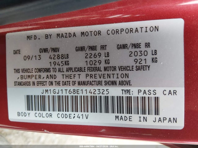 44967564 :رقم المزاد ، JM1GJ1T68E1142325 vin ، 2014 Mazda Mazda6 I Touring مزاد بيع