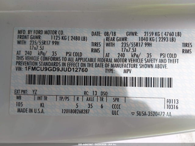 44967567 :رقم المزاد ، 1FMCU9GD9JUD12760 vin ، 2018 Ford Escape Se مزاد بيع