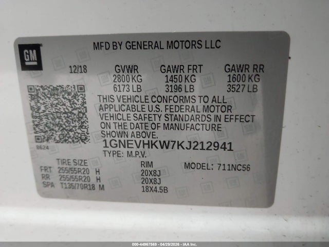 Продажа на аукционе авто 2019 Chevrolet Traverse 3lt, vin: 1GNEVHKW7KJ212941, номер лота: 44967569