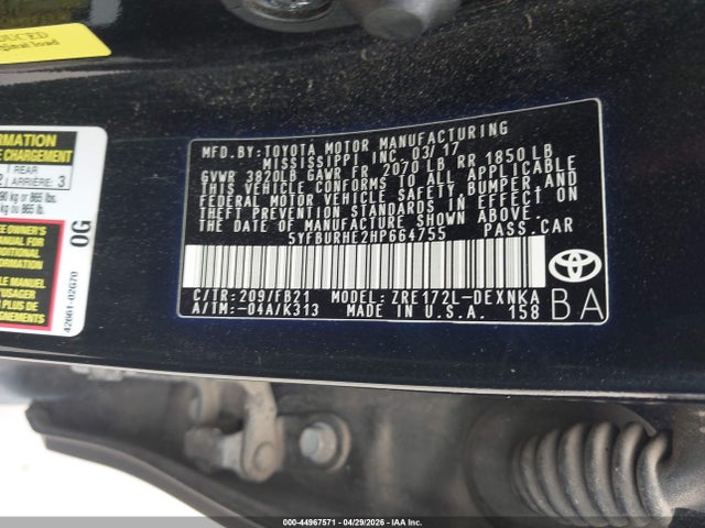 2017 Toyota Corolla Le მანქანა იყიდება აუქციონზე, vin: 5YFBURHE2HP664755, აუქციონის ნომერი: 44967571