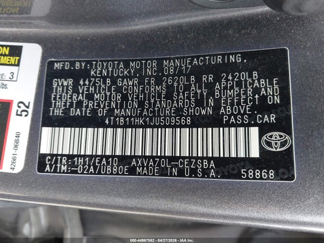 4T1B11HK1JU509568 Toyota CAMRY SE