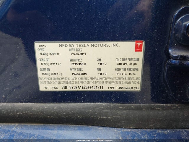 Продаж на аукціоні авто 2015 Tesla Model S 70d/85d/p85d, vin: 5YJSA1E25FF101311, номер лоту: 44967593