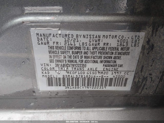 Aukcja sprzedaży 2022 Nissan Sentra Sv Xtronic Cvt, vin: 3N1AB8CV7NY222359, numer aukcji: 44967596