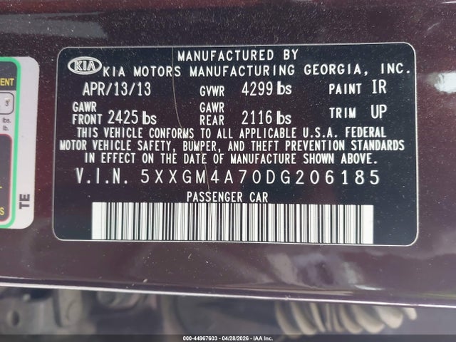 Продажа на аукционе авто 2013 Kia Optima Lx, vin: 5XXGM4A70DG206185, номер лота: 44967603