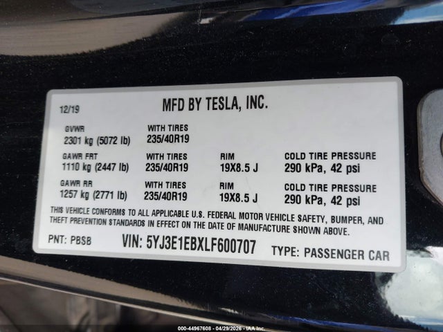 Aukcja sprzedaży 2020 Tesla Model 3 Long Range Dual Motor All-wheel Drive, vin: 5YJ3E1EBXLF600707, numer aukcji: 44967608
