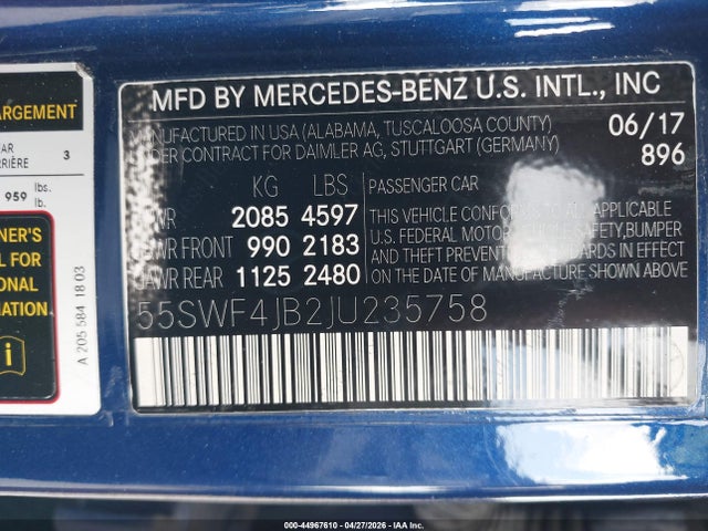 44967610 :رقم المزاد ، 55SWF4JB2JU235758 vin ، 2018 Mercedes-benz C 300 مزاد بيع