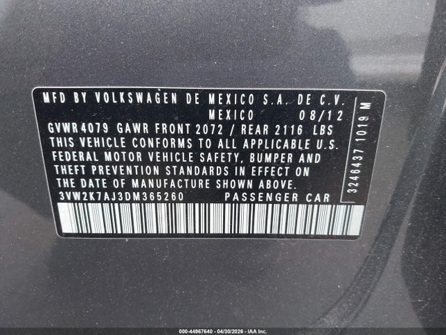 2013 Volkswagen Jetta 2.0l S მანქანა იყიდება აუქციონზე, vin: 3VW2K7AJ3DM365260, აუქციონის ნომერი: 44967640