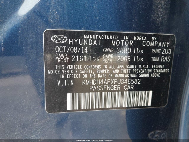 44967641 :رقم المزاد ، KMHDH4AEXFU346582 vin ، 2015 Hyundai Elantra Se مزاد بيع