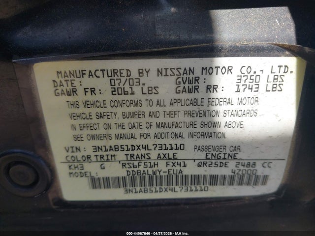 Aukcja sprzedaży 2004 Nissan Sentra Se-r Spec V, vin: 3N1AB51DX4L731110, numer aukcji: 44967646