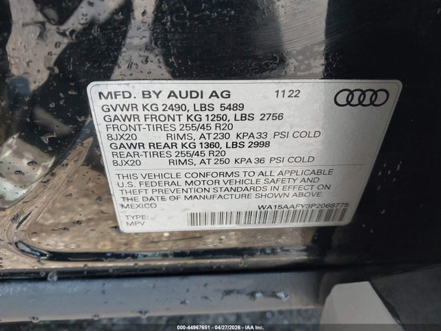 44967651 :رقم المزاد ، WA15AAFY3P2068775 vin ، 2023 Audi Q5 Sportback Premium Plus 45 Tfsi S Line Quattro S Tronic مزاد بيع