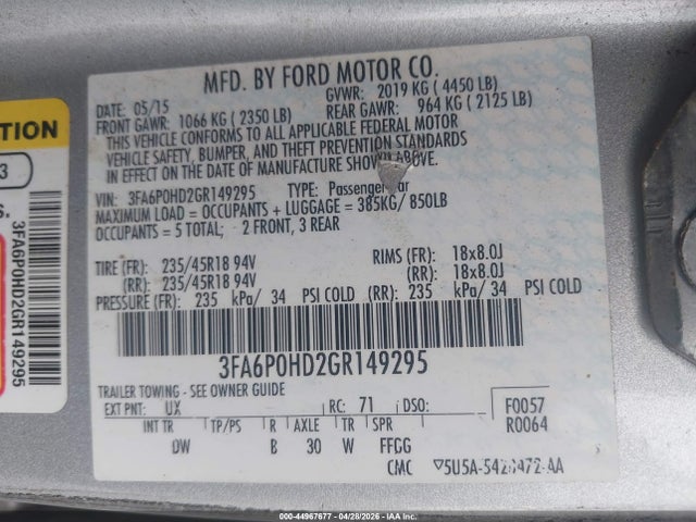 Ford FUSION SE 2016 3FA6P0HD2GR149295 Image 9