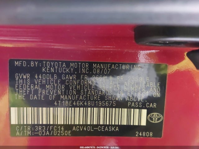 44967678 :رقم المزاد ، 4T1BE46K48U195675 vin ، 2008 Toyota Camry Se مزاد بيع