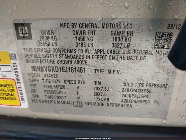 2014 Chevrolet Traverse 1lt მანქანა იყიდება აუქციონზე, vin: 1GNKVGKD1EJ181461, აუქციონის ნომერი: 44967680