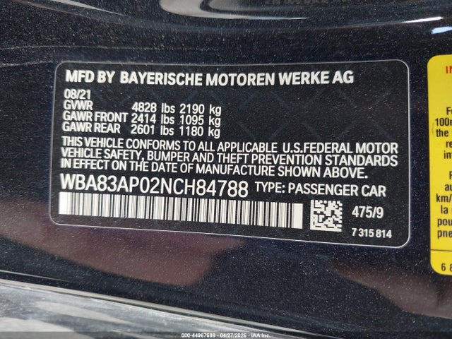 2022 Bmw M440i მანქანა იყიდება აუქციონზე, vin: WBA83AP02NCH84788, აუქციონის ნომერი: 44967688