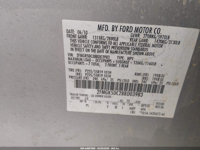 2011 Ford Flex Limited მანქანა იყიდება აუქციონზე, vin: 2FMGK5DC2BBD03983, აუქციონის ნომერი: 44967690