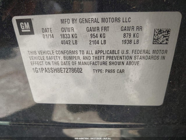 44967694 :رقم المزاد ، 1G1PA5SH8E7278602 vin ، 2014 Chevrolet Cruze Ls Auto مزاد بيع