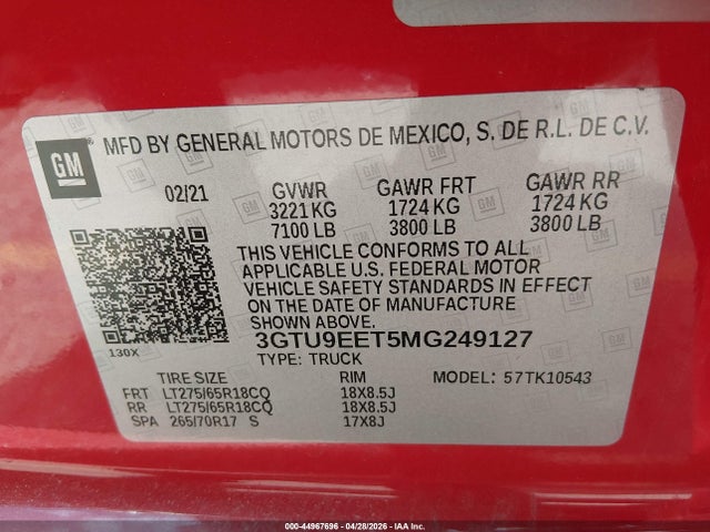 Aukcja sprzedaży 2021 Gmc Sierra 1500 4wd  Short Box At4, vin: 3GTU9EET5MG249127, numer aukcji: 44967696