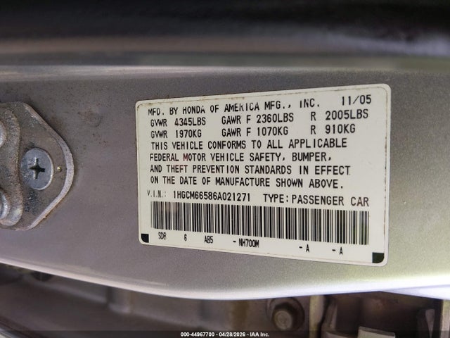 Продажа на аукционе авто 2006 Honda Accord 3.0 Ex, vin: 1HGCM66586A021271, номер лота: 44967700
