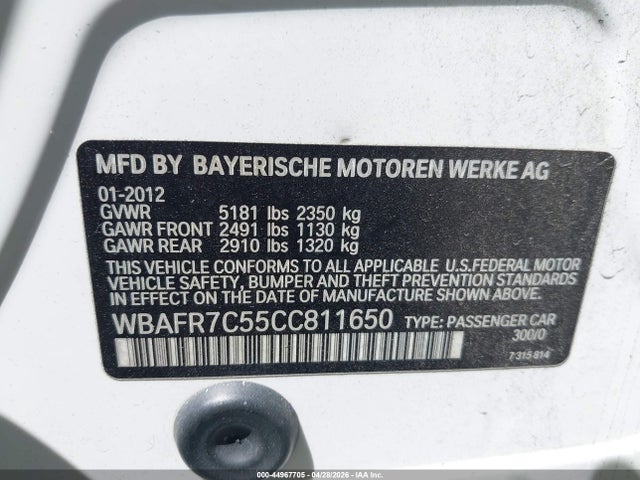Aukcja sprzedaży 2012 Bmw 535i, vin: WBAFR7C55CC811650, numer aukcji: 44967705