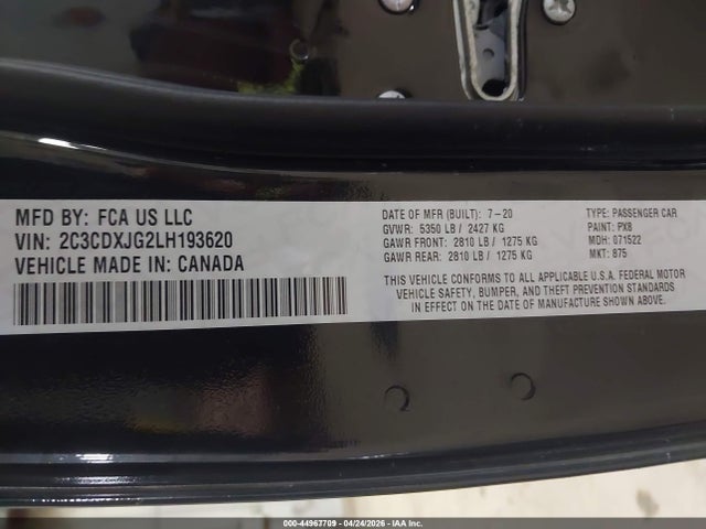 2020 Dodge Charger Sxt Awd მანქანა იყიდება აუქციონზე, vin: 2C3CDXJG2LH193620, აუქციონის ნომერი: 44967709