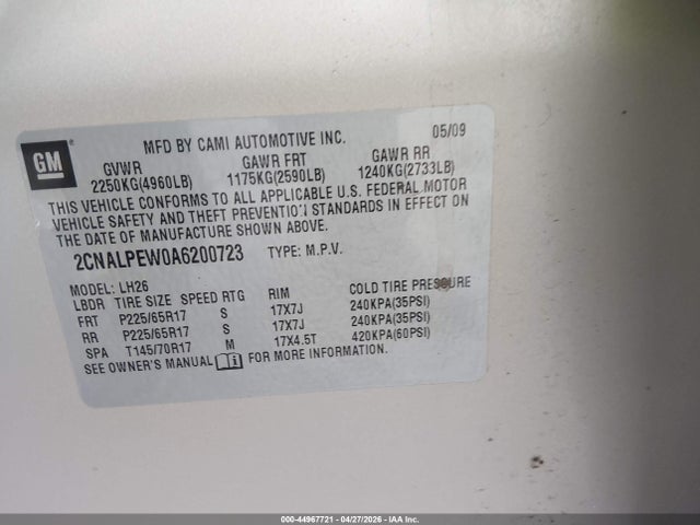 Продажа на аукционе авто 2010 Chevrolet Equinox Lt, vin: 2CNALPEW0A6200723, номер лота: 44967721