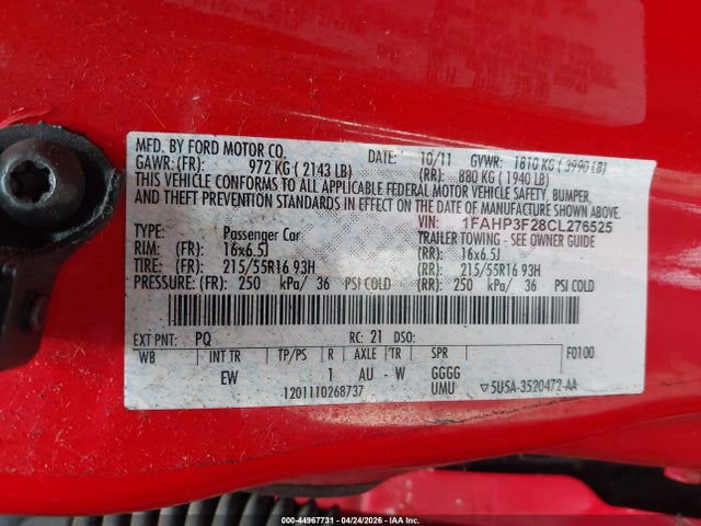 44967731 :رقم المزاد ، 1FAHP3F28CL276525 vin ، 2012 Ford Focus Se مزاد بيع