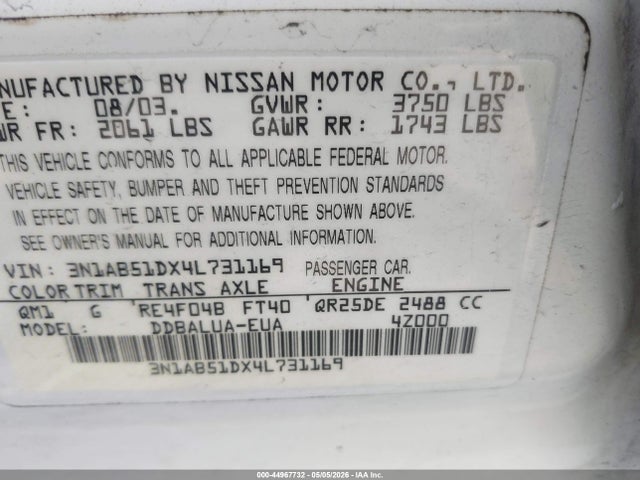 Aukcja sprzedaży 2004 Nissan Sentra Se-r, vin: 3N1AB51DX4L731169, numer aukcji: 44967732