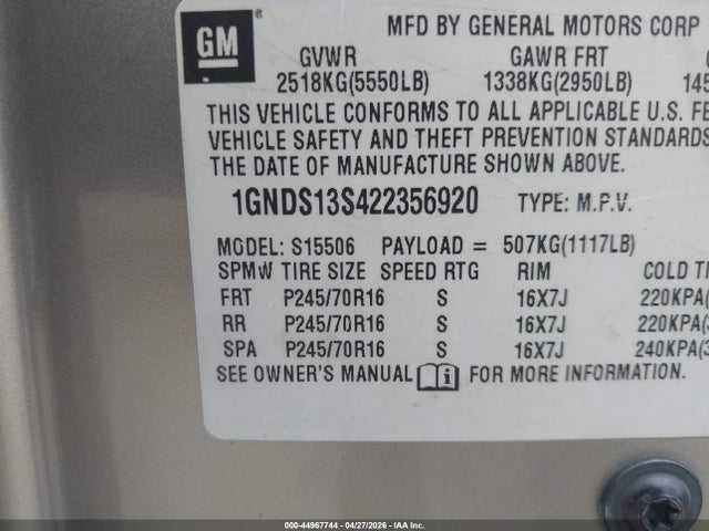 2002 Chevrolet Trailblazer Ls მანქანა იყიდება აუქციონზე, vin: 1GNDS13S422356920, აუქციონის ნომერი: 44967744