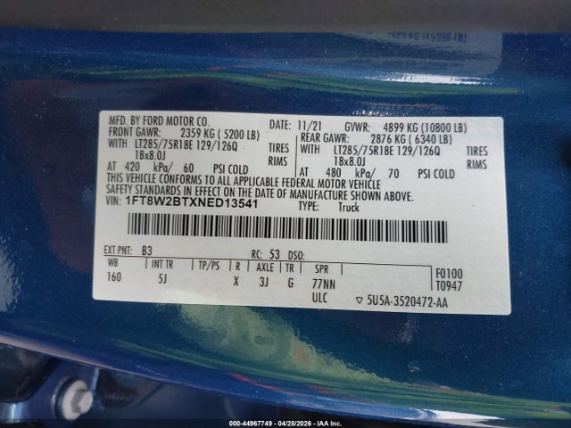 2022 Ford F-250 Lariat მანქანა იყიდება აუქციონზე, vin: 1FT8W2BTXNED13541, აუქციონის ნომერი: 44967749