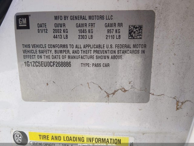 Продаж на аукціоні авто 2012 Chevrolet Malibu 1lt, vin: 1G1ZC5EU0CF268886, номер лоту: 44967753