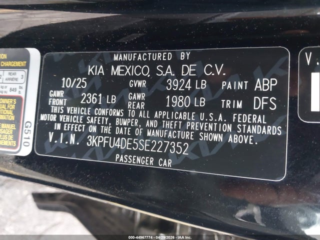 Aukcja sprzedaży 2025 Kia K4 Ex, vin: 3KPFU4DE5SE227352, numer aukcji: 44967774