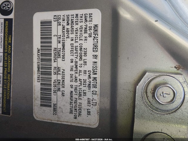 44967807 :رقم المزاد ، JNKAY01E98M607993 vin ، 2008 Infiniti M35 مزاد بيع