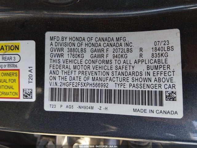 Aukcja sprzedaży 2023 Honda Civic Sport, vin: 2HGFE2F5XPH566992, numer aukcji: 44967809