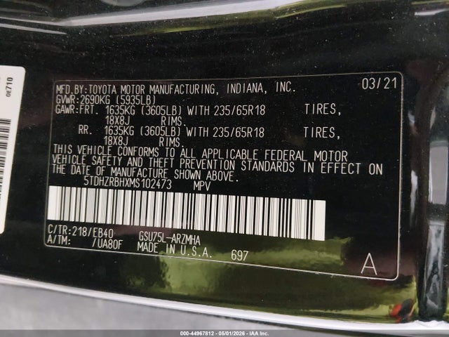 Toyota Highlander Xle 2021 5TDHZRBHXMS102473 Image 9