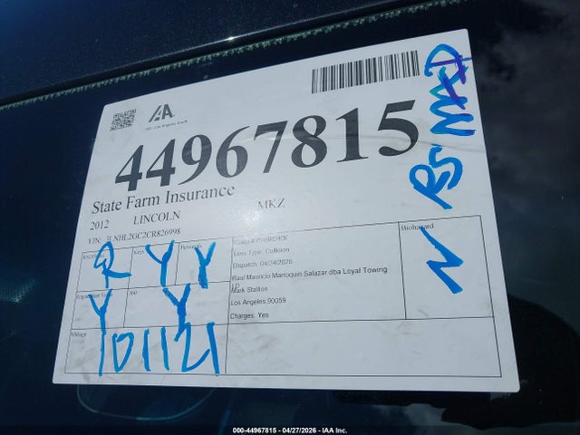 44967815 :رقم المزاد ، 3LNHL2GC2CR826998 vin ، 2012 Lincoln Mkz مزاد بيع
