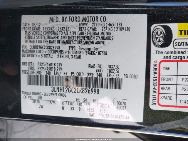 44967815 :رقم المزاد ، 3LNHL2GC2CR826998 vin ، 2012 Lincoln Mkz مزاد بيع