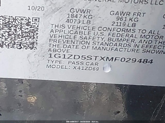 Продаж на аукціоні авто 2021 Chevrolet Malibu Fwd Lt, vin: 1G1ZD5STXMF029484, номер лоту: 44967817