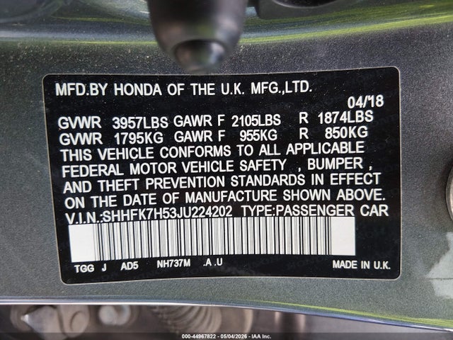 Aukcja sprzedaży 2018 Honda Civic Ex, vin: SHHFK7H53JU224202, numer aukcji: 44967822