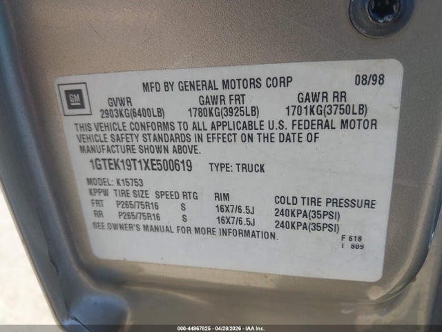 Продажа на аукционе авто 1999 Gmc Sierra 1500 Sle, vin: 1GTEK19T1XE500619, номер лота: 44967825