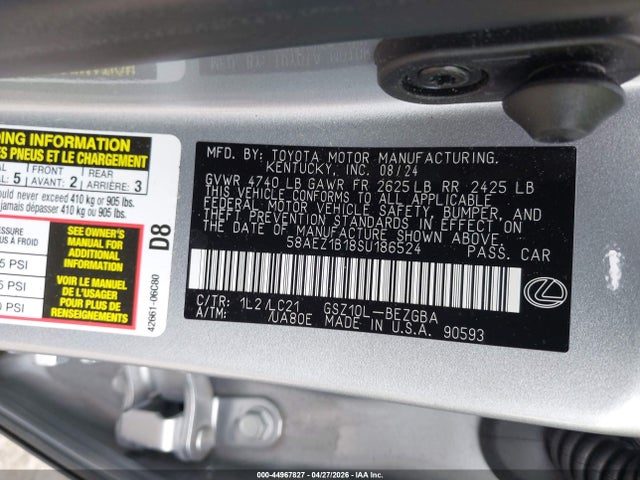 2025 Lexus Es 350 Luxury მანქანა იყიდება აუქციონზე, vin: 58AEZ1B18SU186524, აუქციონის ნომერი: 44967827
