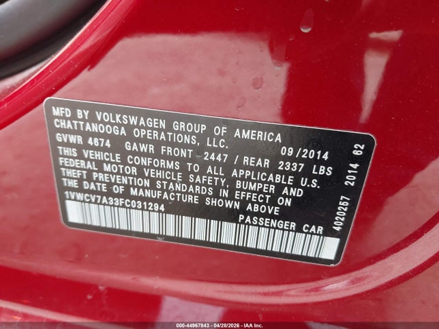 44967843 :رقم المزاد ، 1VWCV7A33FC031294 vin ، 2015 Volkswagen Passat 2.0l Tdi Sel Premium مزاد بيع