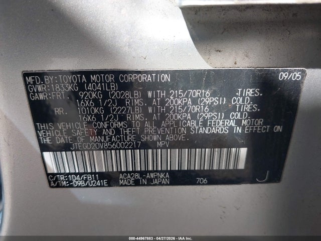 Aukcja sprzedaży 2005 Toyota Rav4, vin: JTEGD20V856002217, numer aukcji: 44967883