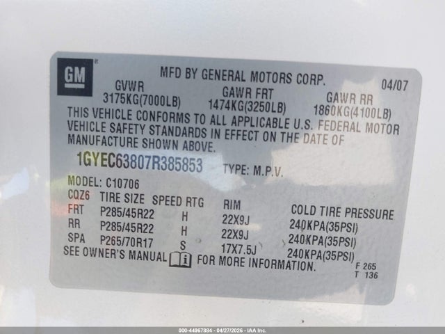 2007 Cadillac Escalade Standard მანქანა იყიდება აუქციონზე, vin: 1GYEC63807R385853, აუქციონის ნომერი: 44967884