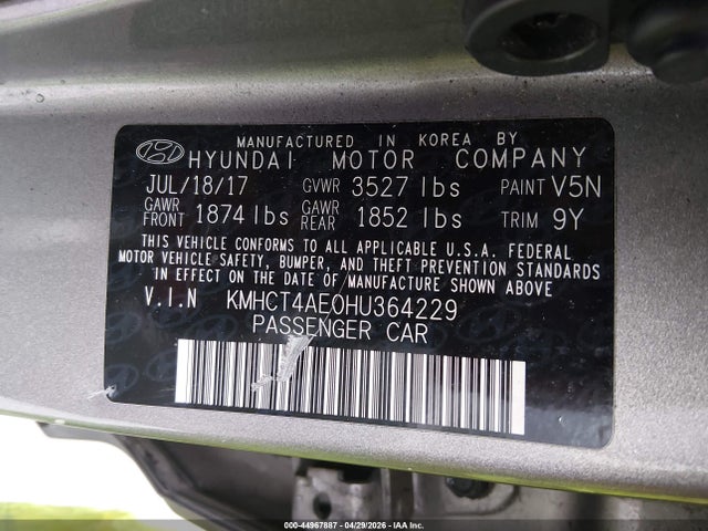 Aukcja sprzedaży 2017 Hyundai Accent Value Edition, vin: KMHCT4AE0HU364229, numer aukcji: 44967887