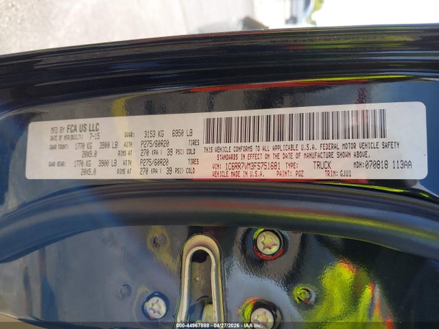 Продажа на аукционе авто 2015 Ram 1500 Laramie, vin: 1C6RR7VM3FS751681, номер лота: 44967888