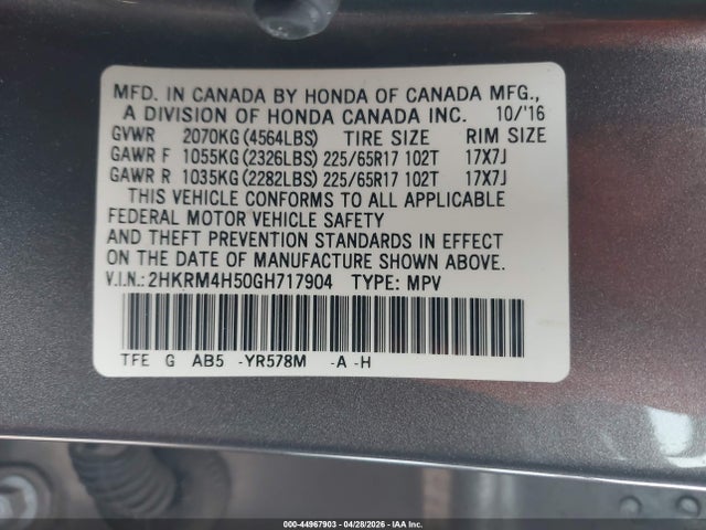 44967903 :رقم المزاد ، 2HKRM4H50GH717904 vin ، 2016 Honda Cr-v Ex مزاد بيع