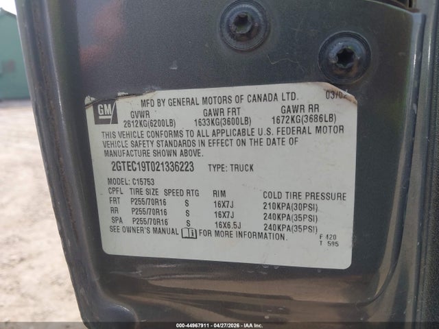 Aukcja sprzedaży 2002 Gmc Sierra 1500 Sle, vin: 2GTEC19T021336223, numer aukcji: 44967911
