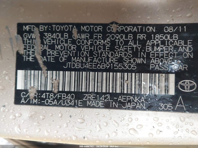 2011 Toyota Corolla Le მანქანა იყიდება აუქციონზე, vin: JTDBU4EE6B9155305, აუქციონის ნომერი: 44967931